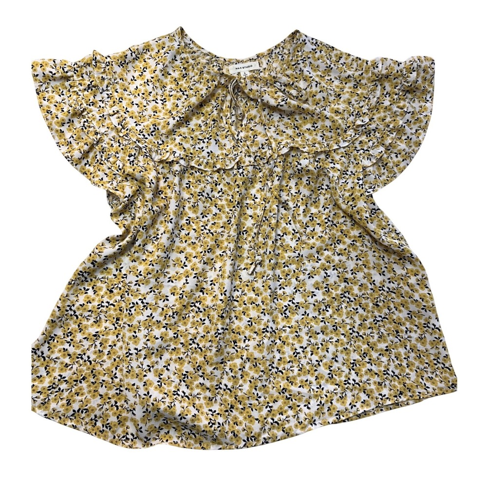 Max Studio Yellow Floral Ruffle Tie Neck‎ Flutter Sleeve Blouse A712D34 Large